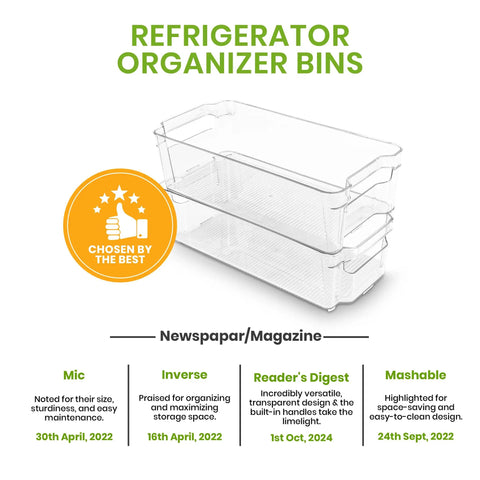 Clear Plastic Stackable Fridge Storage Bins 8 Pack Pantry Organization Cubes For Grocery Management And Fresh Food Keepers stacked in a refrigerator.