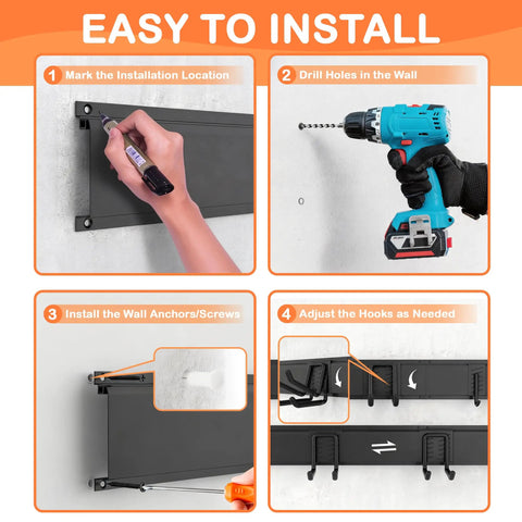 Installation steps for 48 Inch Garage Tool Organizer Wall Mount Heavy Duty Steel Rack For Tools Rakes Shovels Brooms Bikes And More