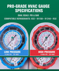 HVAC Manifold Gauge Set With Brass Body And Explosion Proof Lens, 3ft Hoses And R410A Adapters, low and high pressure gauges