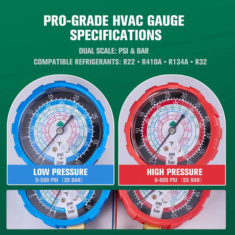 HVAC Manifold Gauge Set With Brass Body And Explosion Proof Lens, 3ft Hoses And R410A Adapters, low and high pressure gauges