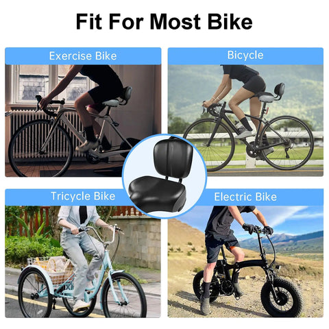 Plush Oversized Comfort Bike Seat With Backrest For Cushioned Rides, Ergonomic Saddle With Supportive Back, Ideal For Long Days In The Saddle, Reducing Pressure And Vibration On Bumpy Roads, shown on exercise, bicycle, tricycle, and electric bike