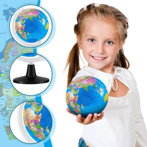 Smiling child holding 12 Pack Mini World Globes For Kids Learning 3.4 Inch Rotating Globe With Stand Educational Desk Decor