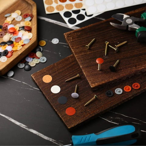 1152 Pcs Self Adhesive Screw Hole Stickers and 120 Pcs Screw Cap Covers Set, shown on wood boards, includes 12 colors for furniture.