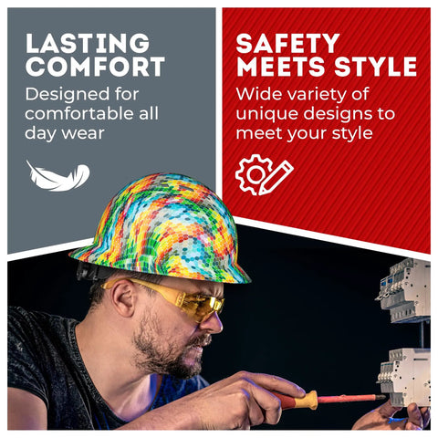 Colorful hard hat on worker with tools, focusing on safety and style in construction environment.