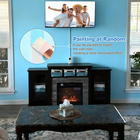 Living room with TV, fireplace, and Cord Hider Kit For Walls Paintable Cable Raceways For TV Wires Self-Adhesive White Cord Covers 112 Inch