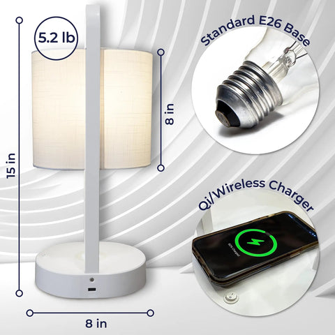 Dope Modern Vertical Lamp With Qi Wireless Charger And Emergency Battery Backup showing dimensions and wireless charging