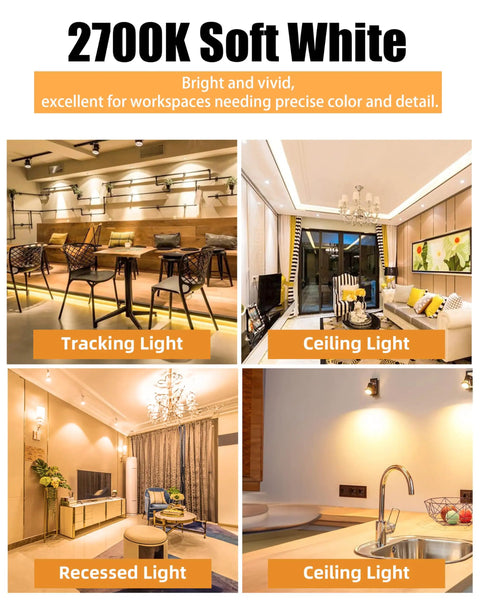 Home interiors shown with 2700K soft white lighting, featuring track, ceiling, and recessed lights for various room setups.
