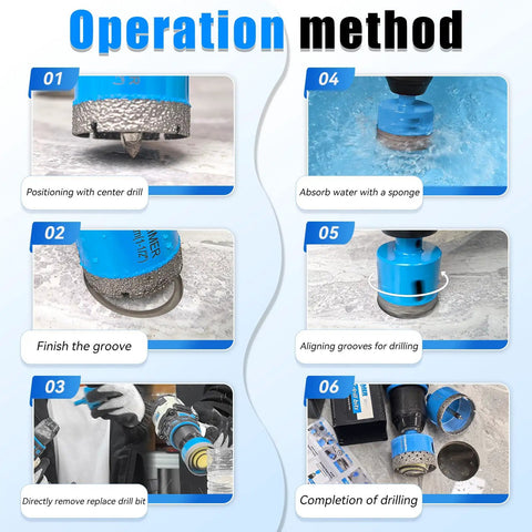 Operation steps for Diamond Hole Saw Drill Bits Set With Pilot Guide and Sponge Spring Bits, used in tile and stone drilling.