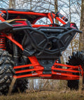 Heavy Duty Boxed Rear Radius Arms Kit For Can Am Maverick X3 72 Inch Turbo X RC MR RS MAX - Complete 6 Rod Set In Red With Reinforced Pivot Joints And Five Eighths Heim Joints For Strength And 100 Percent Fitment Guaranteed, rear view installed