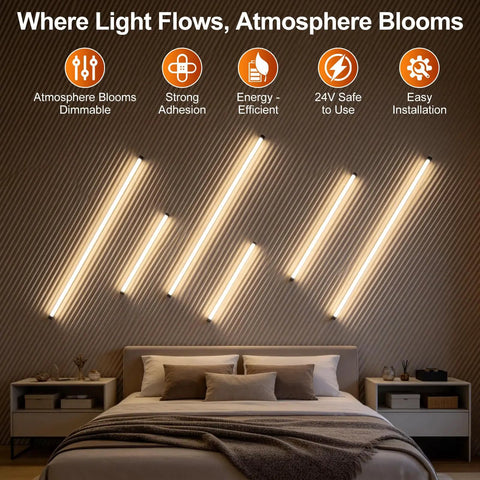 LED Recessed Lighting Kit for Slat Wall Panels, 6PCS Dimmable 3000K Warm White LED Strip Lights with Touch Switch illuminating a bedroom wall.