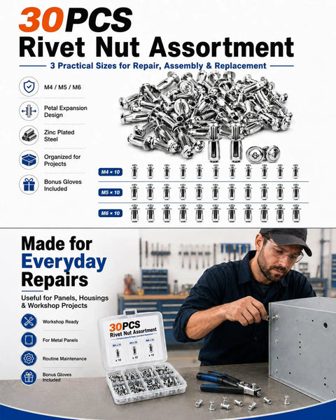 Kickstart Your Shop Grind With This Tough Button Rivet Locking Nut Assortment Featuring Solid Zinc Plated Steel Petal Expanding Fasteners For Zero Drama Furniture And Panel Fixes Using M4 M5 M6 Threads with assorted nuts in a box