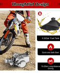 49cc Two Stroke Pull Start Engine Kit with Single Cylinder Air Cooled Design for Go Karts Mini Pocket Dirt Bikes Scooters and ATVs Includes Forward and Reverse Gearbox for Easy Reversing and Smooth Power alongside dirt bike and fuel tank specifications.