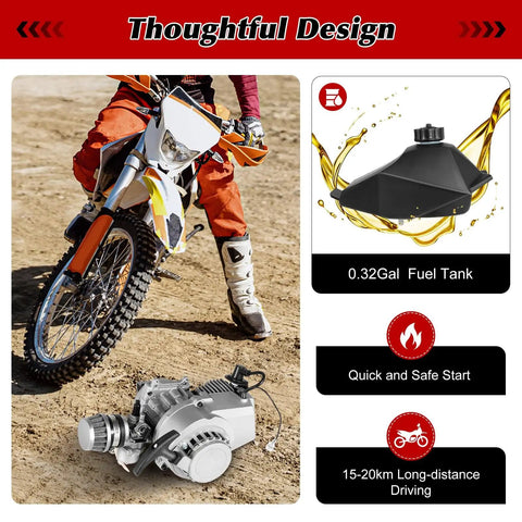 49cc Two Stroke Pull Start Engine Kit with Single Cylinder Air Cooled Design for Go Karts Mini Pocket Dirt Bikes Scooters and ATVs Includes Forward and Reverse Gearbox for Easy Reversing and Smooth Power alongside dirt bike and fuel tank specifications.