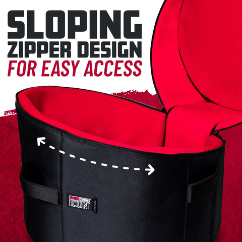 Top Tier 14 X 8 Inch Snare Drum Gig Bag With Hella Durable 1000D Nylon Armor showing sloping zipper design for easy access.