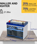 Weize LiFePO4 12.8V 100Ah battery on wooden surface with size dimensions and weight details