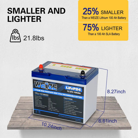 Weize LiFePO4 12.8V 100Ah battery on wooden surface with size dimensions and weight details