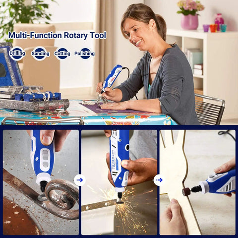 Woman using Versatile Variable Speed Rotary Tool Kit With Keyless Chuck And Flex Shaft 172 Accessories for crafting work