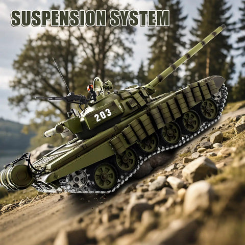One Sixteenth RC Tank T 72 Soviet Battle Ready Toy with smoke, lights, upgraded metal tracks on rocky outdoor terrain.