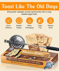 Retro 1945 Style Handheld Cast Aluminum Sandwich Maker And Pie Iron Grill, includes retro packaging and recipe book.