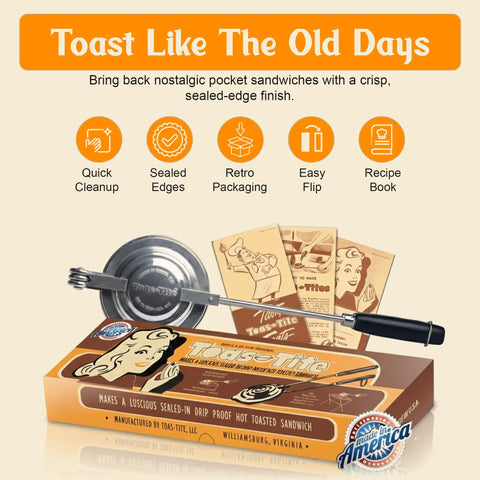 Retro 1945 Style Handheld Cast Aluminum Sandwich Maker And Pie Iron Grill, includes retro packaging and recipe book.