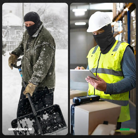 Man wearing Three Piece Balaclava Ski Mask Set For Men And Women Breathable Mesh Fabric Full Face Cover working outdoors in snow and warehouse.