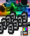 Five Sided RGB Rock Lights Kit For Trucks Jeep UTV SUV ATV Golf Cart With Music Mode and App Remote Control shown in use
