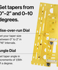 Slick Microdial Tapering Jig For Hella Precise Table Saw And Band Saw Angles With Smooth Adjustments, yellow dial for rise-over-run settings.