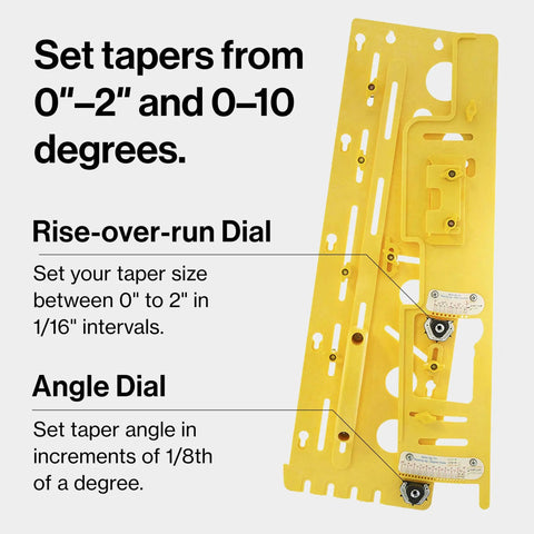 Slick Microdial Tapering Jig For Hella Precise Table Saw And Band Saw Angles With Smooth Adjustments, yellow dial for rise-over-run settings.