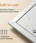 Close-up of Rock Solid Aluminum Access Panel For Drywall 12 By 16 Inch showing aluminum frame, galvanized steel panel, and 4 screws included.
