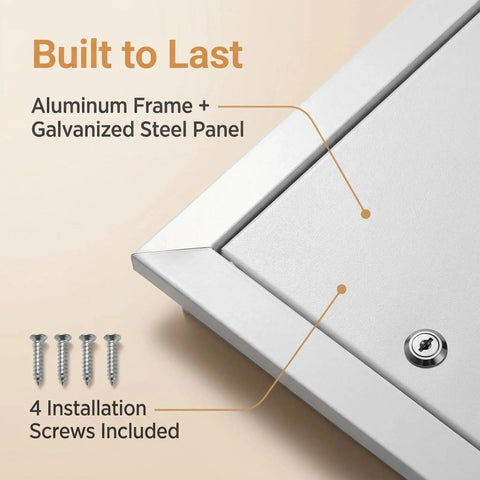 Close-up of Rock Solid Aluminum Access Panel For Drywall 12 By 16 Inch showing aluminum frame, galvanized steel panel, and 4 screws included.