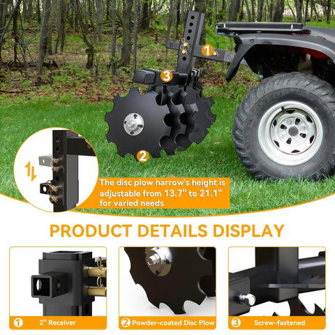 28 Inch Disc Plow Harrow With 2 Inch Receiver For ATV UTV Pull Behind Tiller attached to ATV, black steel, adjustable height.