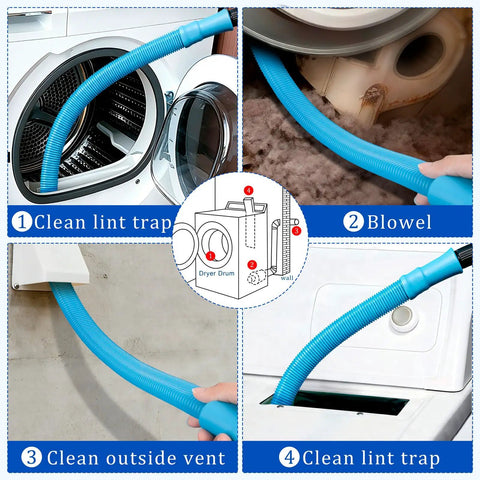 Universal Dryer Vent Cleaning Kit Attachment For Vacuum Hoses With Lint Brush in action on various dryer parts