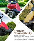 Three lawn tractors including Troy-Bilt TB30R and CC30 series showing product compatibility, set on grass with trees in background.