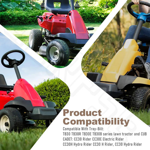 Three lawn tractors including Troy-Bilt TB30R and CC30 series showing product compatibility, set on grass with trees in background.