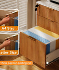 Smooth Rolling Three Drawer Lateral Filing Cabinet With Secure Locks And Sleek Fluted Finish, Solid Oak Mobile Desk Organizer Plus Roomy Printer Stand For Effortless Home Office Storage Stash showing drawer with A4 and letter size folders.