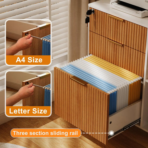 Smooth Rolling Three Drawer Lateral Filing Cabinet With Secure Locks And Sleek Fluted Finish, Solid Oak Mobile Desk Organizer Plus Roomy Printer Stand For Effortless Home Office Storage Stash showing drawer with A4 and letter size folders.