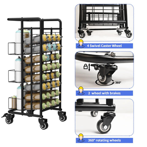 Heavy Duty Metal Spray Paint Storage Rack Eight Tier Lube Can Organizer with smooth rolling 360° wheels and 32 slots.