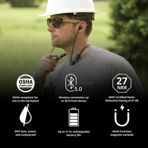 Person wearing Workday Ready Earplug Earbuds With 27 dB Noise Reduction, OSHA Compliant Bluetooth Hearing Protection outdoors