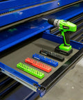 36 Piece Magnetic Hex Bit Holder Set 4 Pack With Mounting Bases For Metal Surfaces displayed on tool cart shelf with drill.