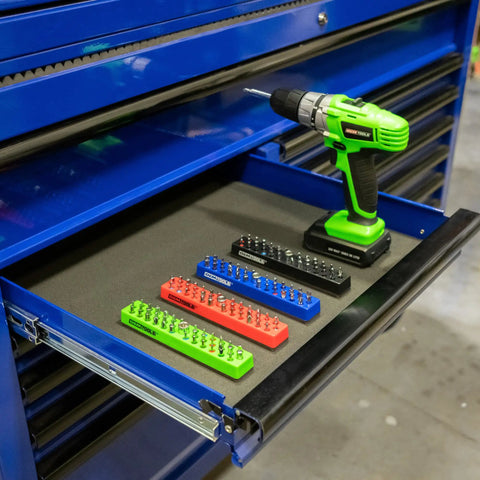 36 Piece Magnetic Hex Bit Holder Set 4 Pack With Mounting Bases For Metal Surfaces displayed on tool cart shelf with drill.