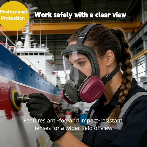 Person wearing Full Face Reusable Respirator Mask Set Pro Grade With Wide Angle Anti Fog Lenses For Painting Welding Sanding