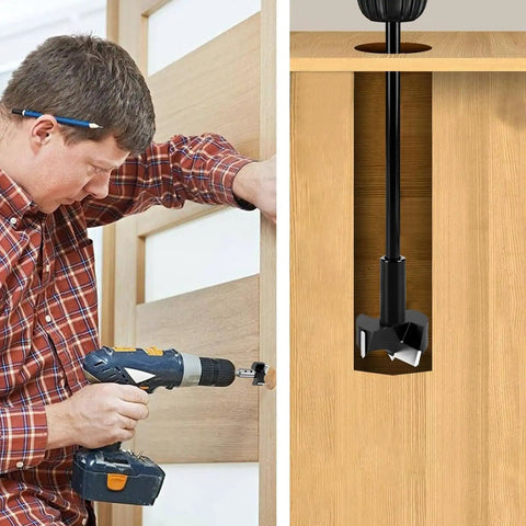 Heavy Duty 10 Inch Forstner Bit Extension With 3/8 Hex Shank shown in use drilling a hardwood door.
