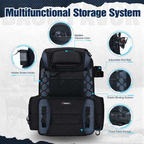 Fishing Tackle Backpack With Rod Holders And Four Tackle Boxes, Outdoor Gear Bag With Water-Resistant 600D Nylon And DWR Rain Cover, Black.