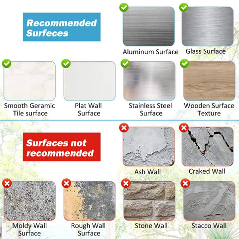 Recommended and not recommended surfaces for Hexagon Peel And Stick Tile Backsplash 12x12 Inch 3D Realistic Look Self Adhesive.