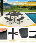 Round Outdoor Picnic Table For Eight With Built In Benches, Umbrella Hole, Sturdy Metal Frame And HDPE Top by a poolside