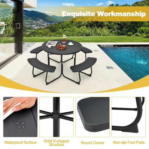 Round Outdoor Picnic Table For Eight With Built In Benches, Umbrella Hole, Sturdy Metal Frame And HDPE Top by a poolside