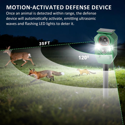 4 Pack Solar Powered Ultrasonic Animal Repeller Outdoor Waterproof With Motion Activated Sensor Strobe Light 5 Frequency Modes To Help Keep Pests At Bay Cats Raccoons Squirrels Deer Rabbits And More; deer and foxes on lawn