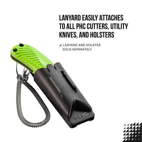 Heavy Duty Box Cutter Utility Knife with Tape Splitter and Film Cutter, lanyard attached to black holster, green handle