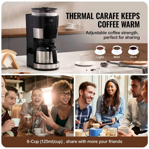 8 Cup Drip Coffee Maker With Built In Burr Grinder And Three Brew Strengths Adjustable Grind Size, thermal carafe keeps coffee warm.