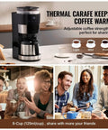 Eight Cup Drip Coffee Maker With Integrated Grinder, Three Custom Strength Modes, Whole Bean Or Pre Ground Friendly For A Fresh Batch That Slaps And Makes Your Daily Ritual Flawlessly Simple with thermal carafe on counter.